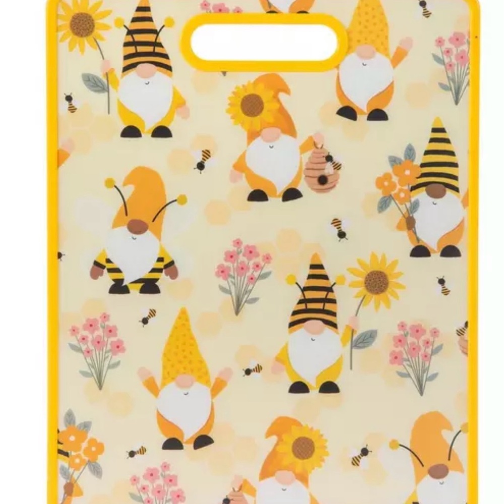 Gnomes & Sunflowers Kitchen Cutting Board Bees Beehives Flowers Bright Yellow